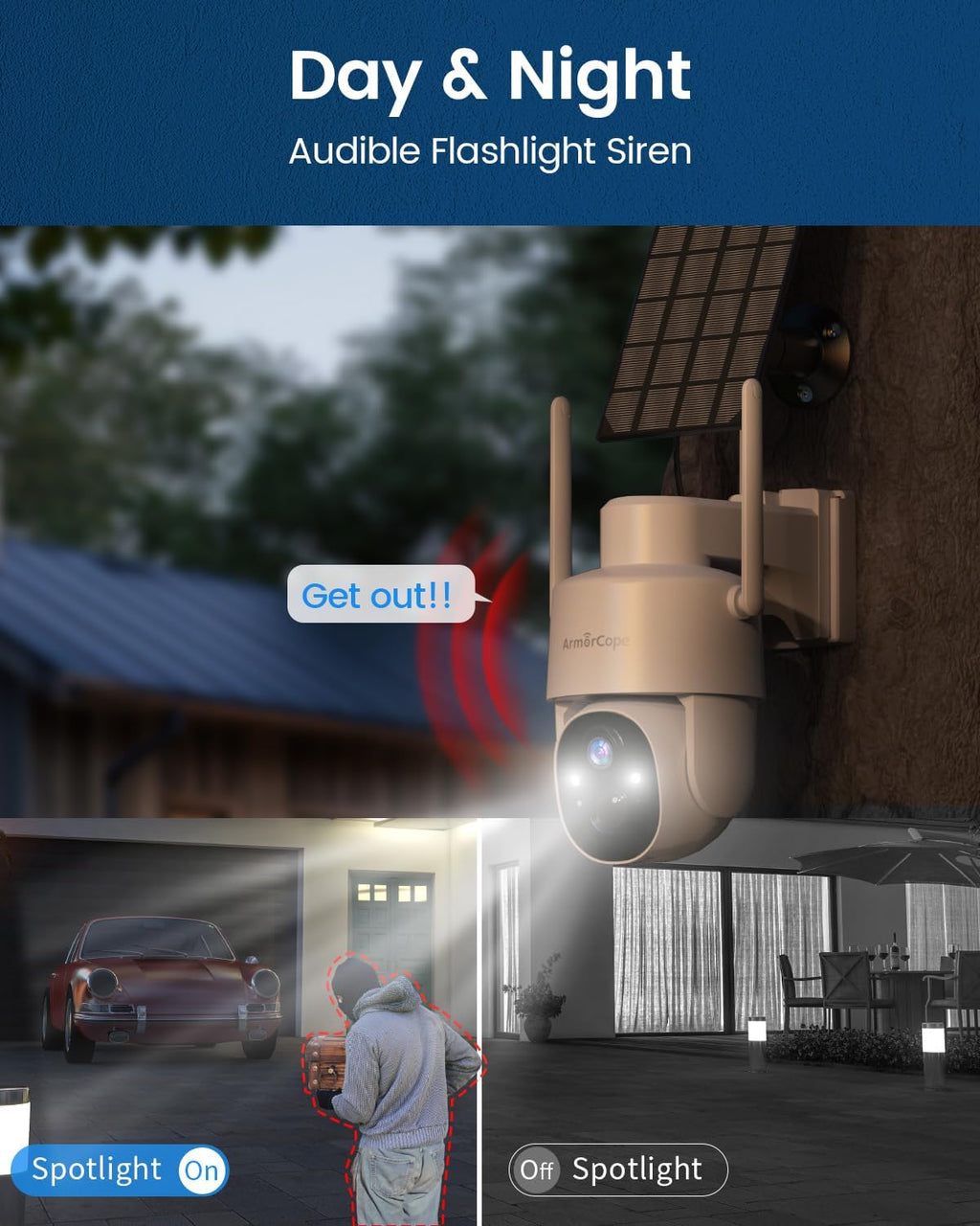 armorcope solar security cameras wireless outdoor,360° view battery showing dimensions
