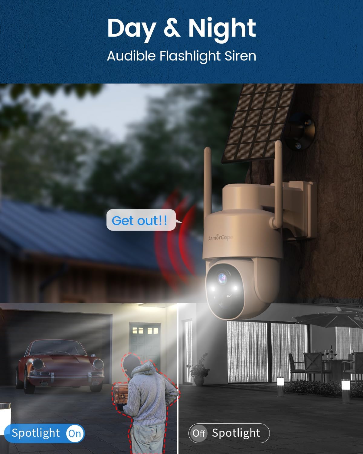 armorcope solar security cameras wireless outdoor,360° view battery showing dimensions
