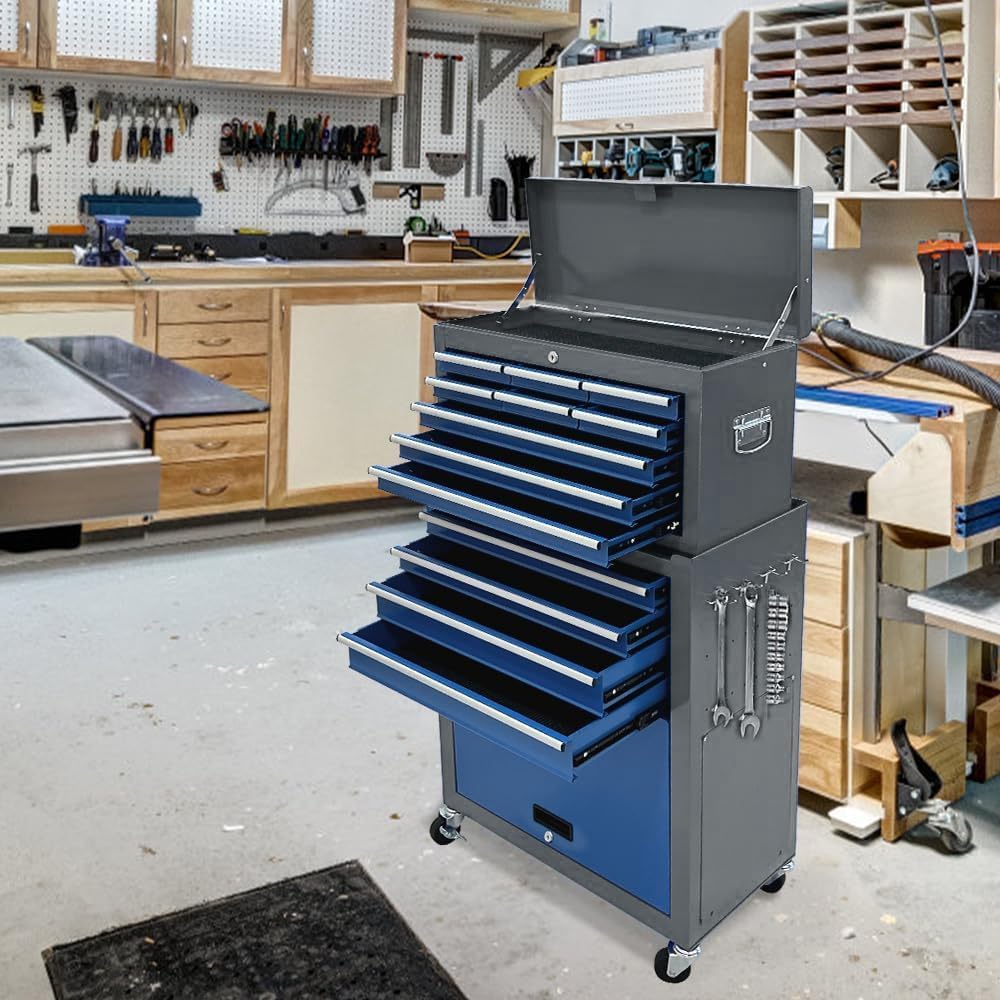 13-drawer tool chest, rolling tool box with wheels shown in use
