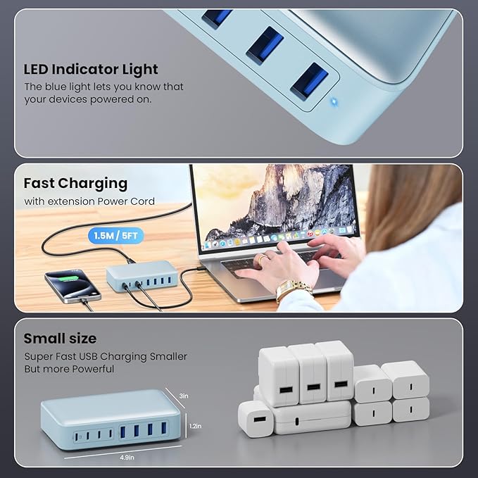 USB C Charger 200W USB C Charger Block, Upgraded GaN III 8-Port Fast Charging