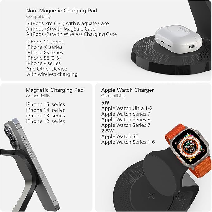 3 in 1 Charging Station for Apple Devices, Mag-Safe Charger Stand Fast Charging