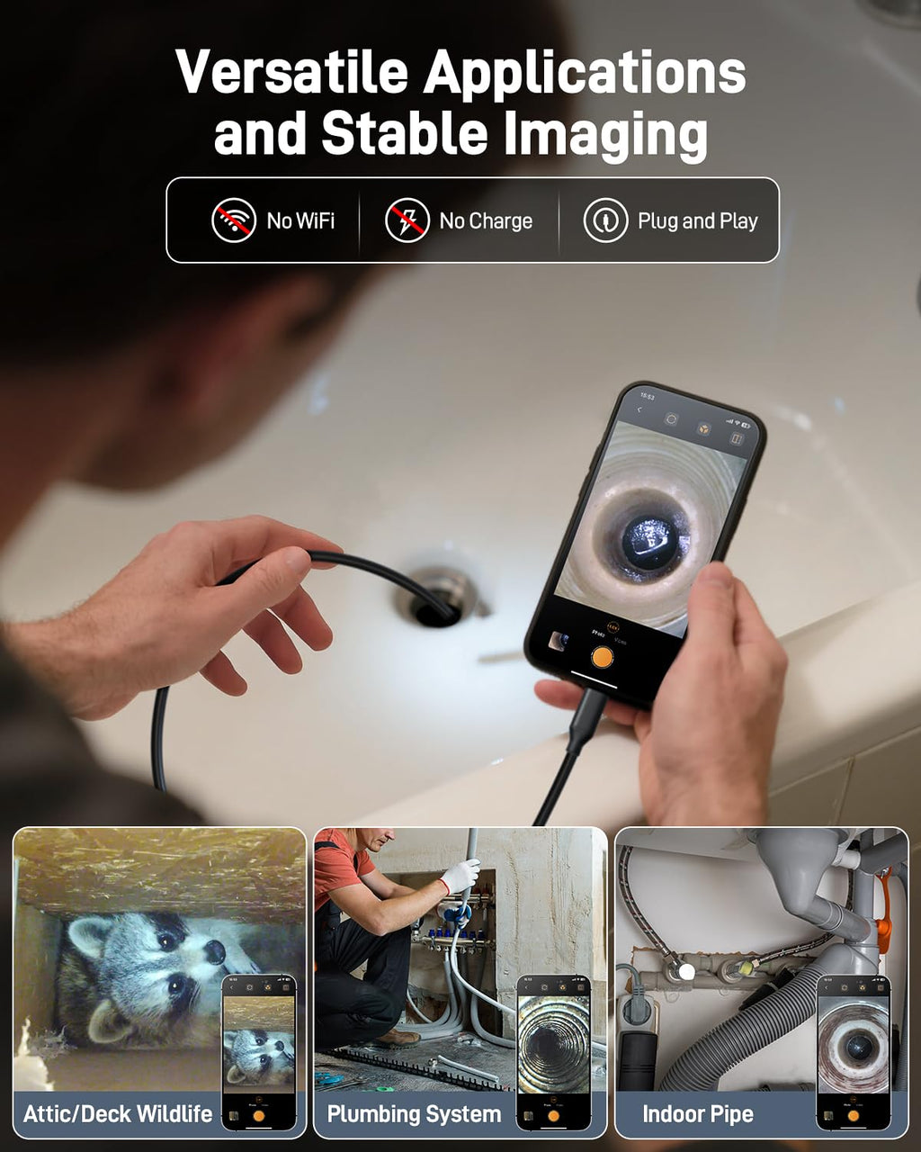 anykit endoscope camera with light, 1920p hd borescope showing dimensions
