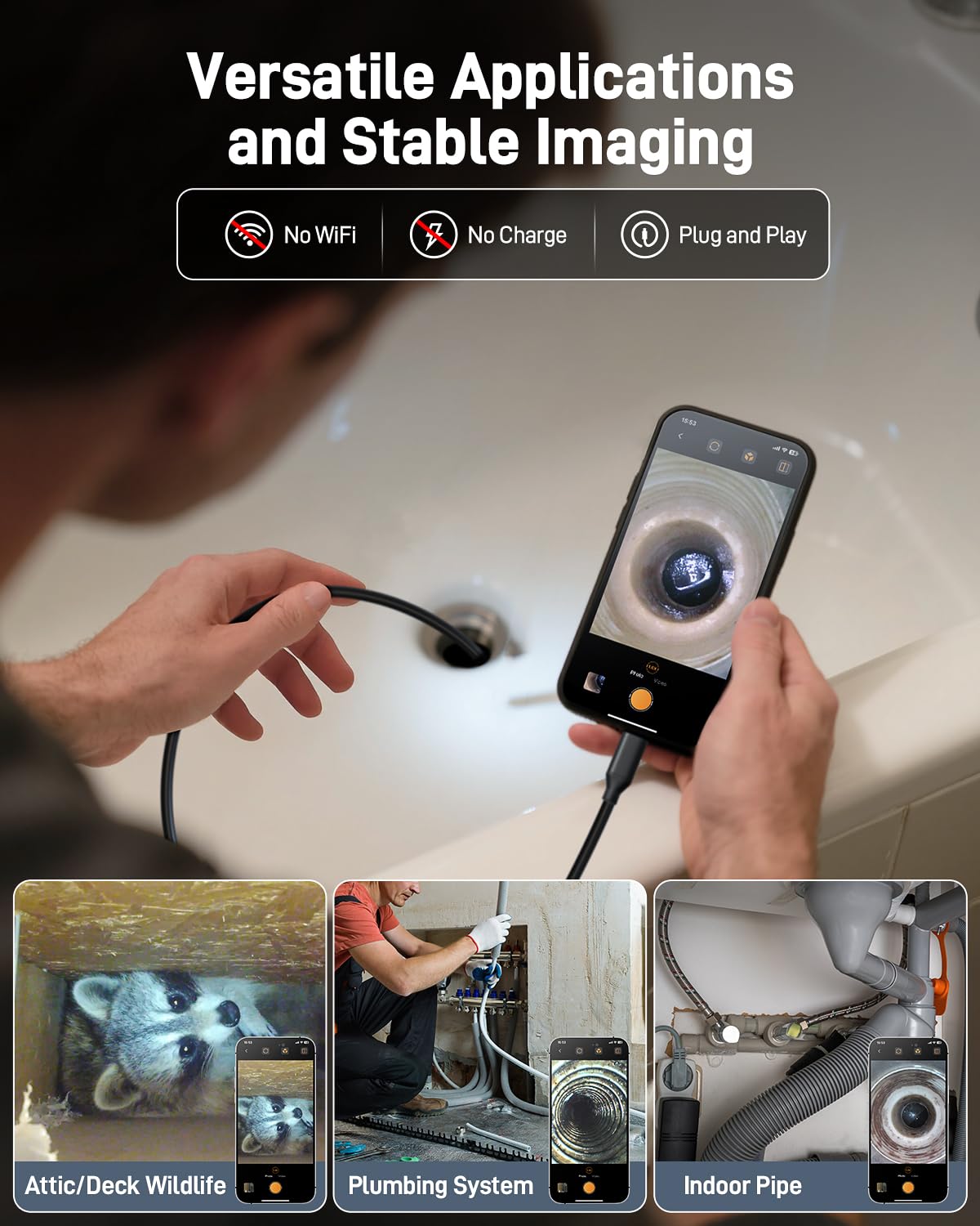 anykit endoscope camera with light, 1920p hd borescope showing dimensions