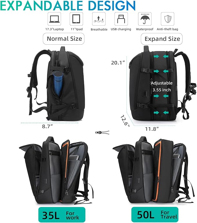 50L Carry on Travel Backpack, Expandable Airline Approved Backpacks