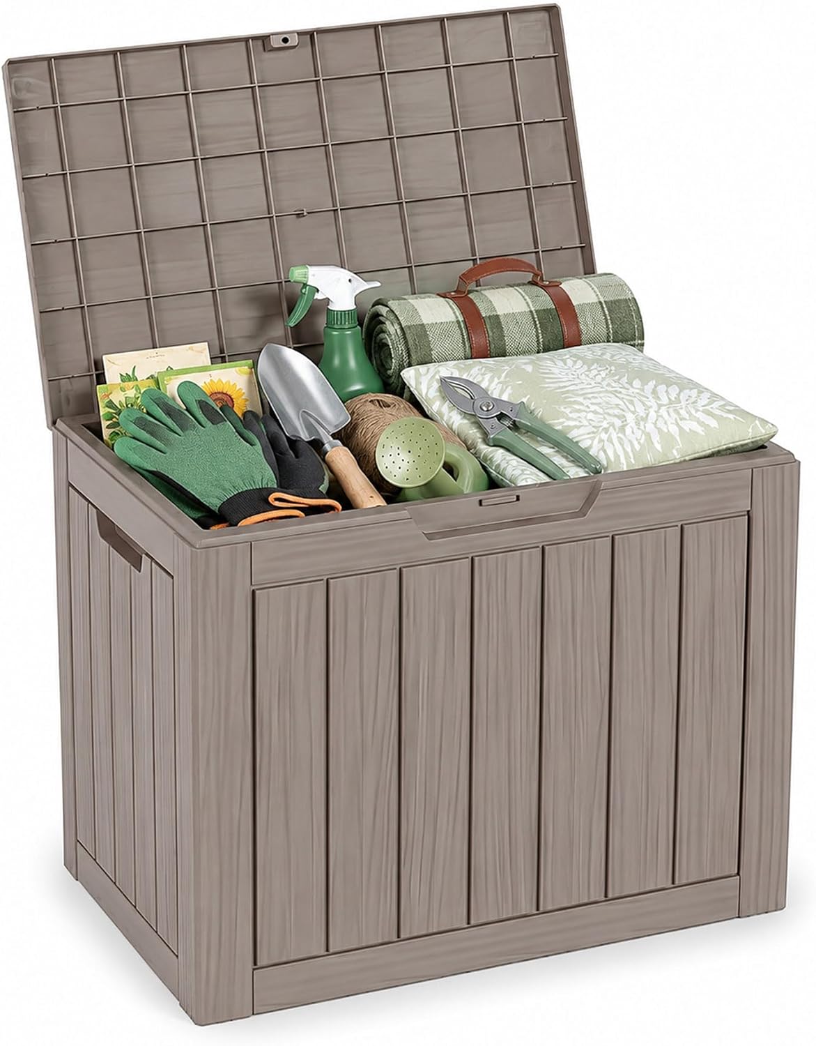 Outdoor Storage Box Resin Deck Box Waterproof Gray Brown 32 Gallon