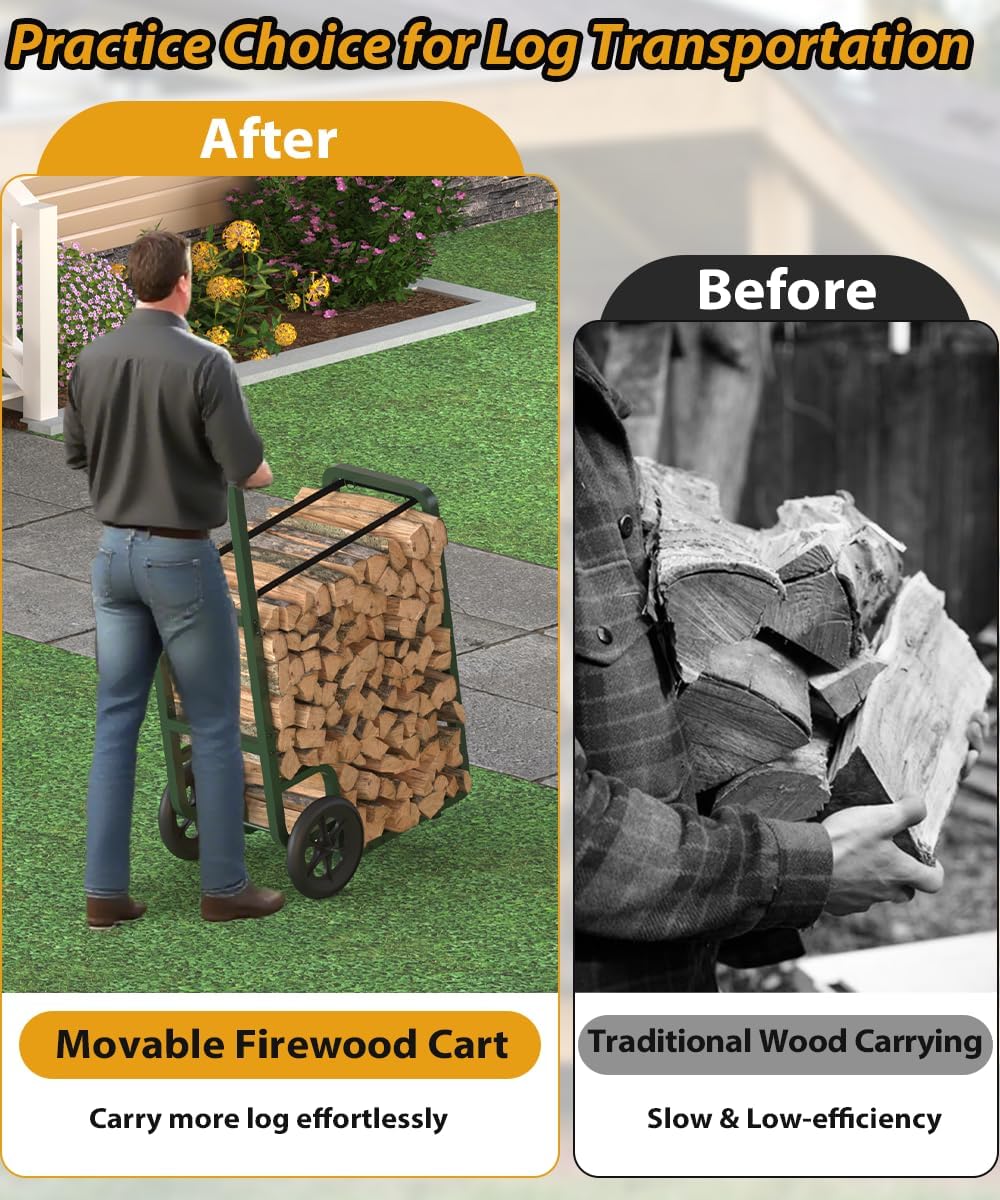 easy-assembly firewood cart, rolling log carrier for outdoor showing dimensions