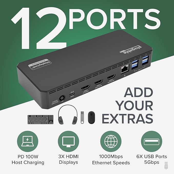 Plugable USB C Triple Display Docking Station | 100W PD, 3x HDMI, 6x USB 5Gbps