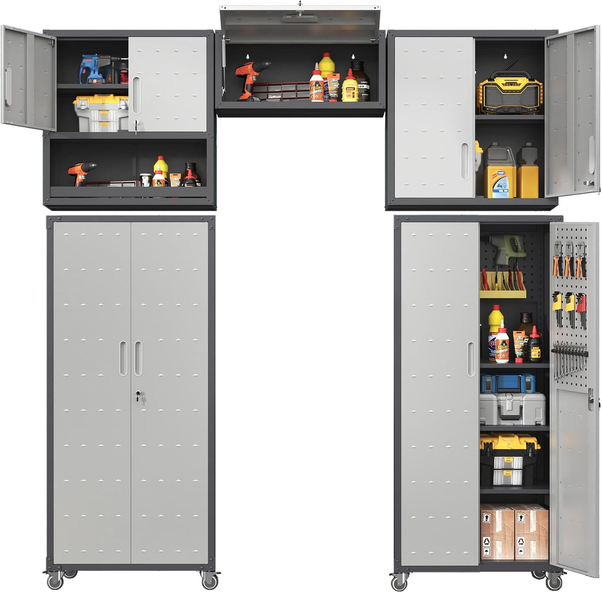 Garage Cabinet System | Heavy Duty Steel All-in-One Modular Garage Cabinet Set for Ultimate Workshop Organization | Easy Assembly Garage Storage Cabinets & Tool Bench