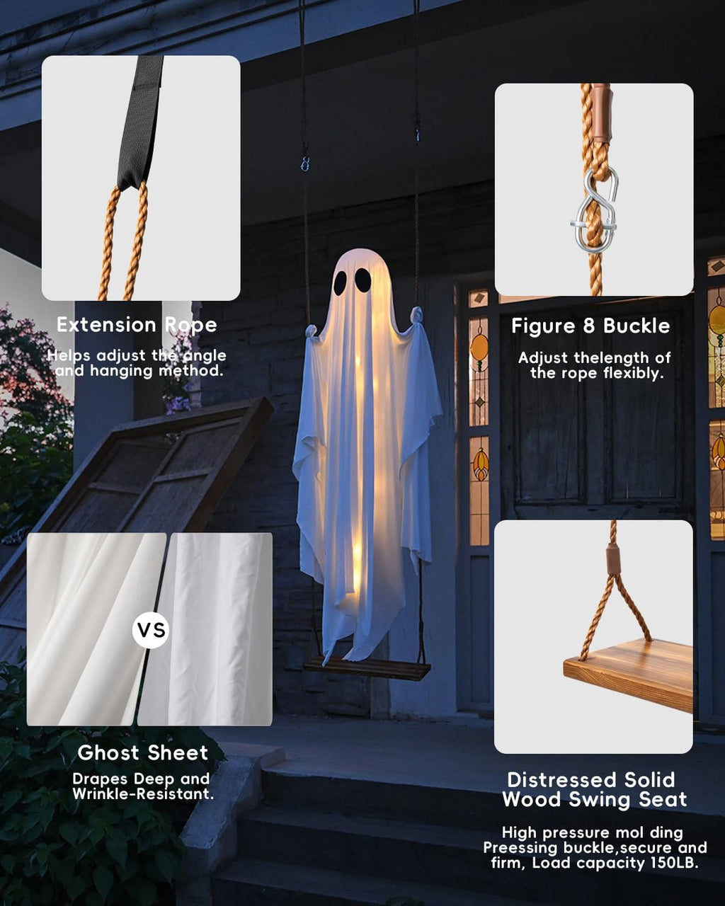 Halloween Decorations Outdoor - 5 FT Large Hanging Swing Ghost Halloween Decor with String Lights, Spooky Cute Ghosts Decorations for Front Porch Yard Tree