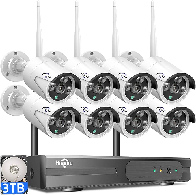 Hiseeu 2K Wireless Security Camera System, 10CH NVR Kit, Night Vision, (8Pcs)