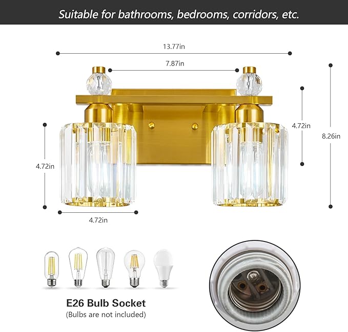 FDPBY Bathroom Vanity Lights 2-Light Gold Modern Crystal Vanity Light Fixtures