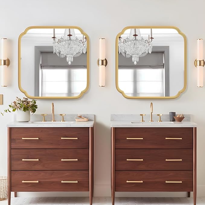 Gold Bathroom Mirror for Wall 24" x 24" Modern Rounded Corner Square Mirror
