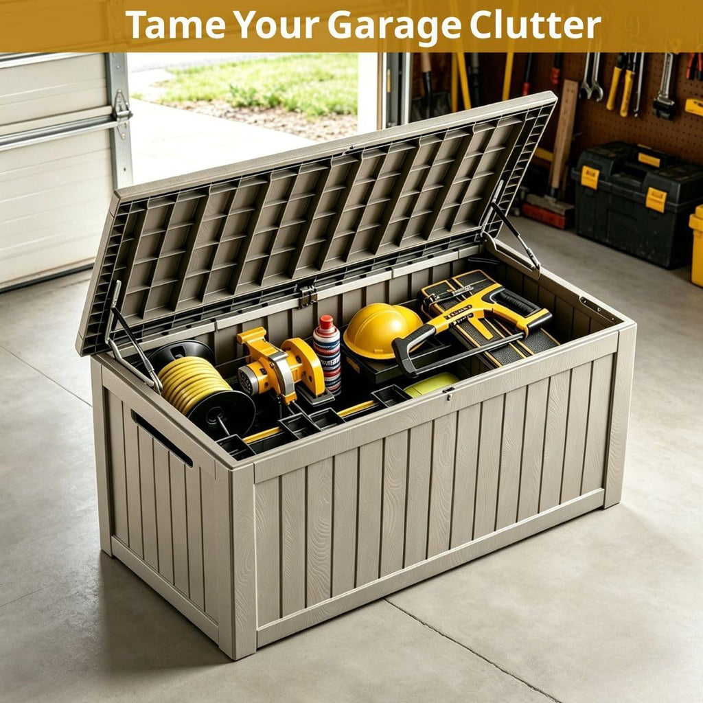 320 gallon outdoor storage box, deck boxes outdoor shown in use