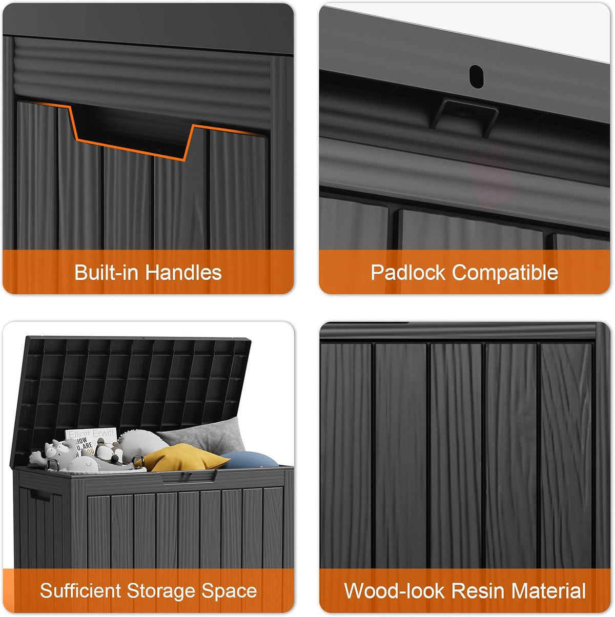 46 gallon outdoor deck box, resin waterproof storage, side view