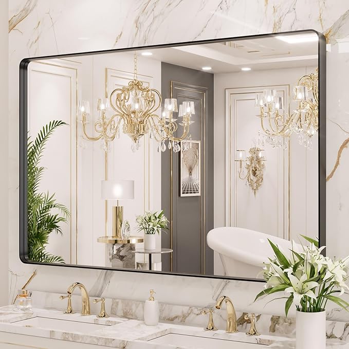 LOAAO 48X40 Inch Black Metal Framed Bathroom Mirror