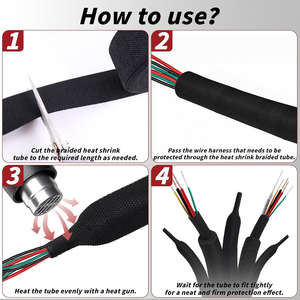 Oleitodh 100 ft 3/8 in 2:1 Heat Shrink Braided Sleeving, Black | Abrasion-resistant polyolefin and polyester sleeve for automotive wiring harness protection and cable management.