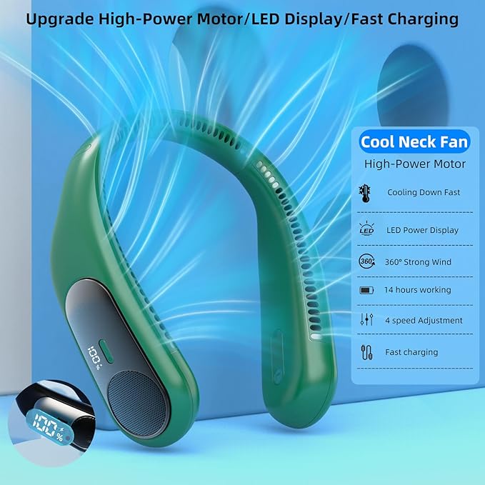 Portable Neck Fan, Personal Wearable Bladeless Fan, LED Display, 6000mAh USB