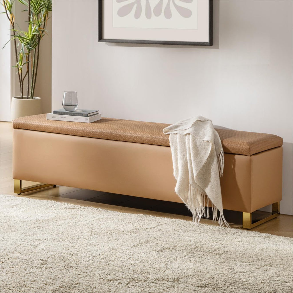 60" Leather Storage Bench with Throw Ottomans, Large Modern Flip Top End of Bed Benches King Size, Upholstered Footrest Stool with Gold Legs for Living, Bedroom, Entryway and Hallway, Camel