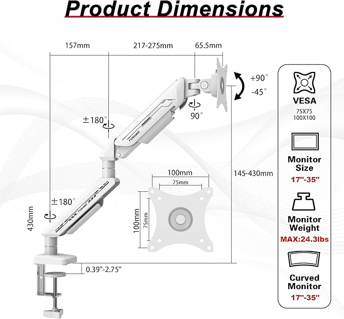 Fydeamer Monitor Arm for 17-35" Screens up to 24.2 lbs, Ergonomic Gas Spring