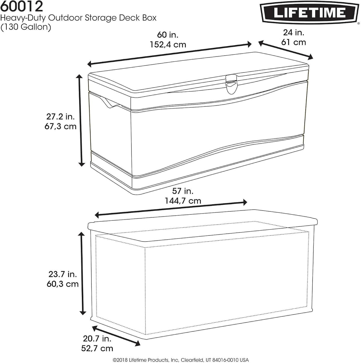 lifetime 130 gallon plastic deck / outdoor storage showing dimensions