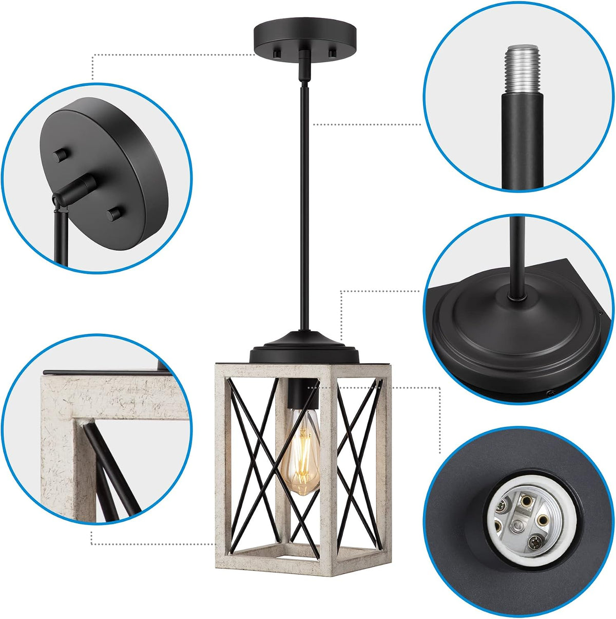 DEWENWILS Pendant Light, Metal Pendant Light Fixtures with Wooden Grain Finish, 48" Adjustable Pipes for Flat and Slop Ceiling, Hanging Ceiling Lamp for Kitchen, Living Room, Bedroom, E26 Base