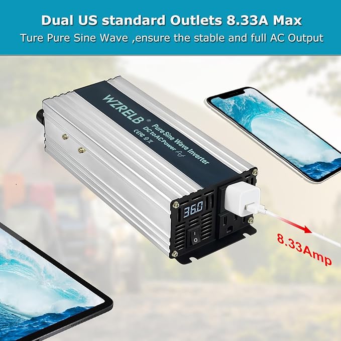 WZRELB 1000W Pure Sine Wave Inverter 36V DC to 110V 120V AC Power Converter