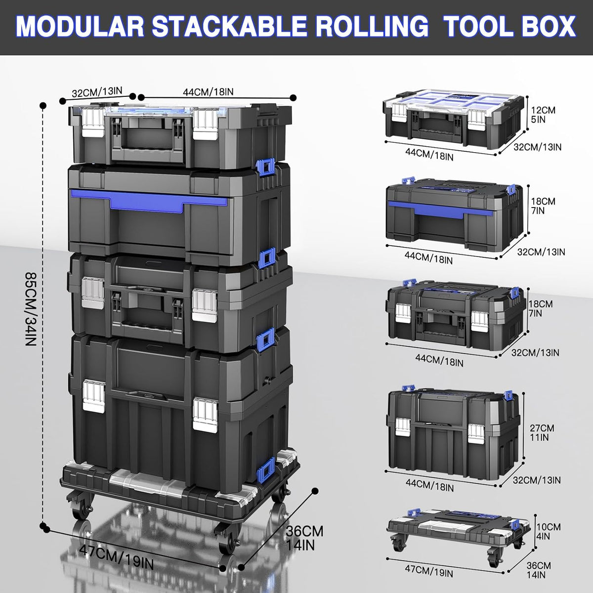 airaj 5 tier stackable tool box with wheels shown in use