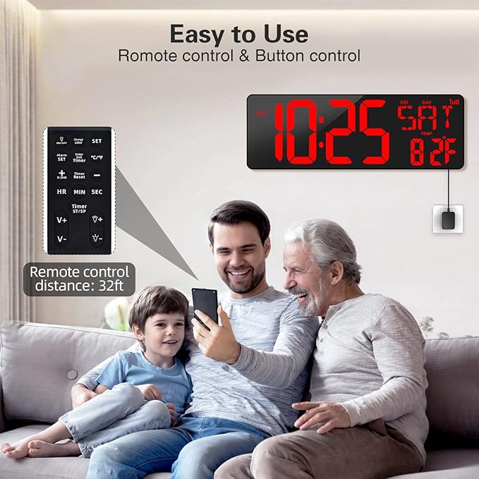 XREXS Large Digital Wall Clock WiFi Sync, 16.5 in Large Display Wall Clock