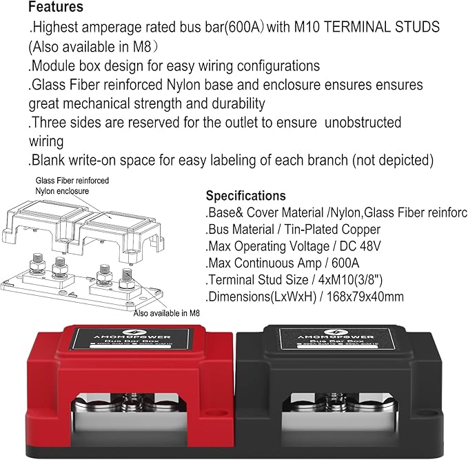 AMOMD 600A 48V Bus Bar Box 4 Stud M10 High Current Tin Plated Copper