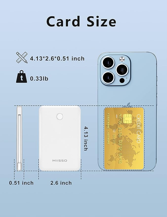 6000mah Ultra Slim Built in Cables Power Bank, Card Size Built in USB C Cords (2-Pack)