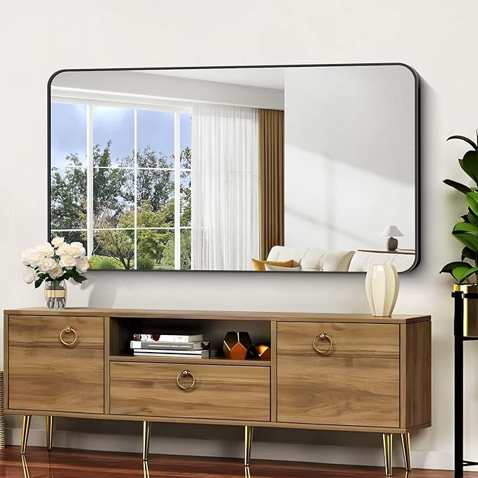 Bathroom Mirror, Metal Frame Rounded Corner Vanity Mirror, Large Wall Mounted