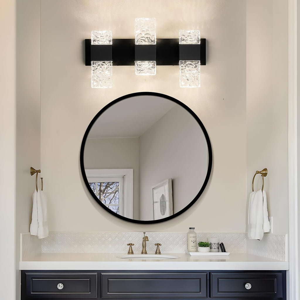 Epinl 3-Light Modern Bathroom Light Fixtures, 30W Black LED Vanity Lights Over Mirror with Water Ripple Glass Shade, Crystal Wall Sconces 4000K Dimmable Vanity Lighting for Bathroom