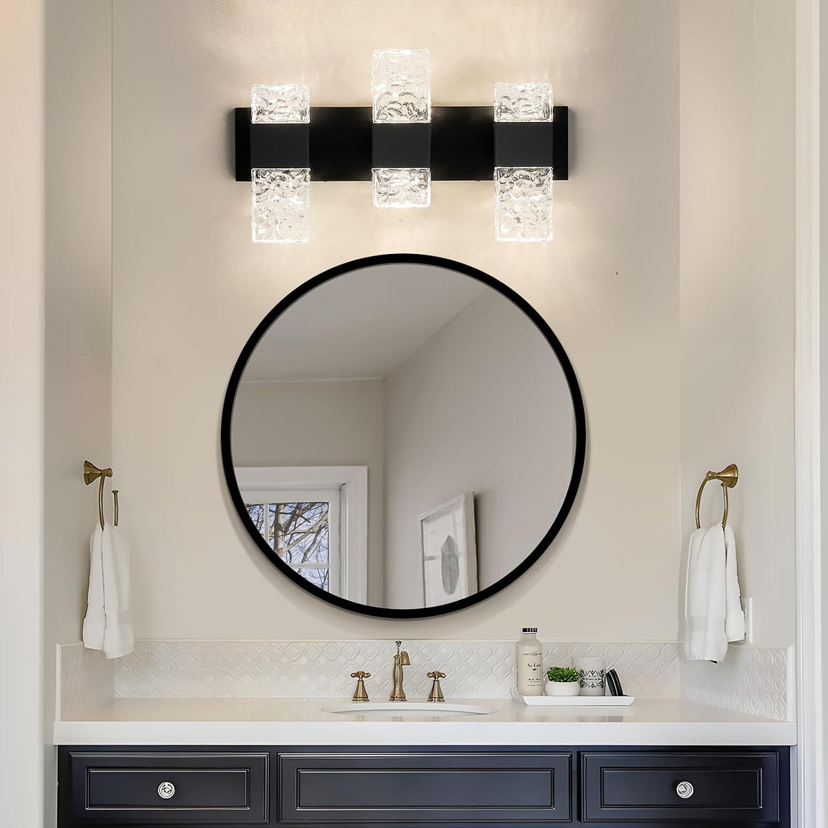 Epinl 3-Light Modern Bathroom Light Fixtures, 30W Black LED Vanity Lights Over Mirror with Water Ripple Glass Shade, Crystal Wall Sconces 4000K Dimmable Vanity Lighting for Bathroom
