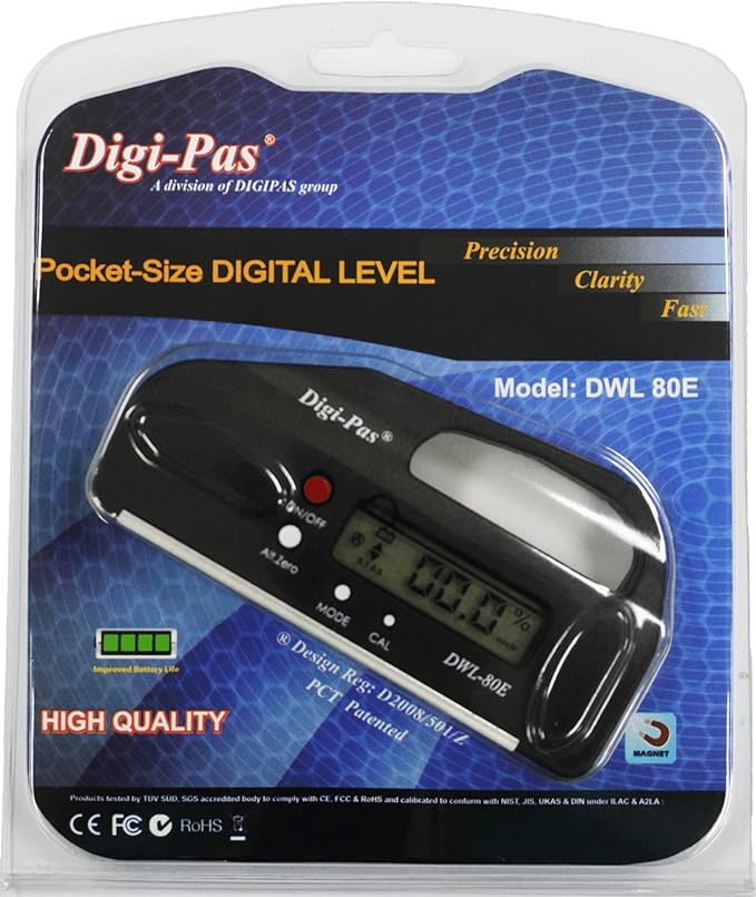 DigiPas DWL80E Pocket Size Digital Level, Electronic Angle Gauge, Protractor