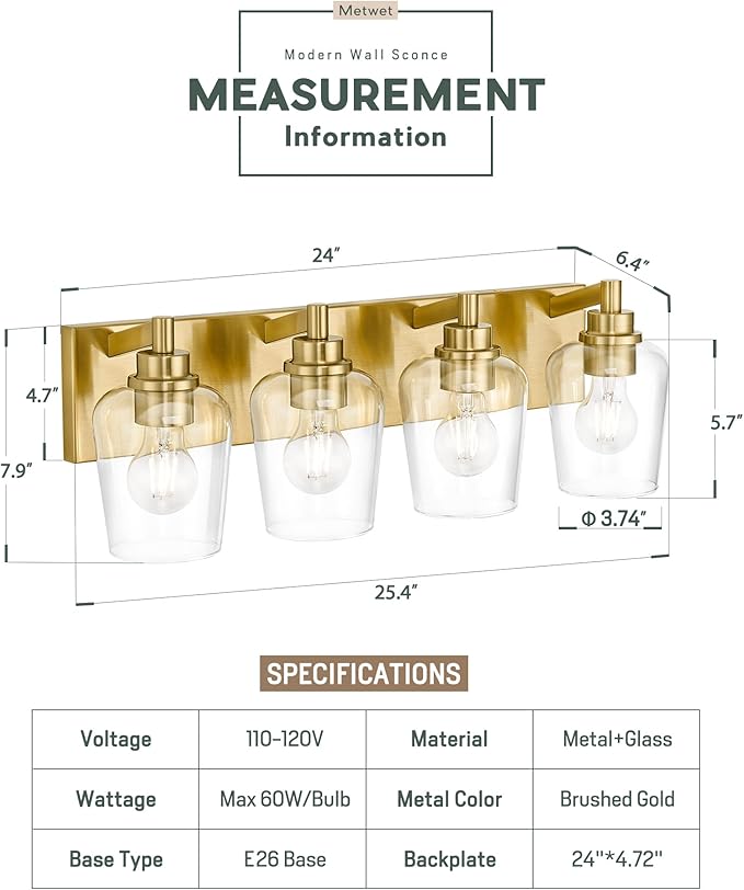 METWET Bathroom Light Fixtures, 4-Light Modern Vanity Light