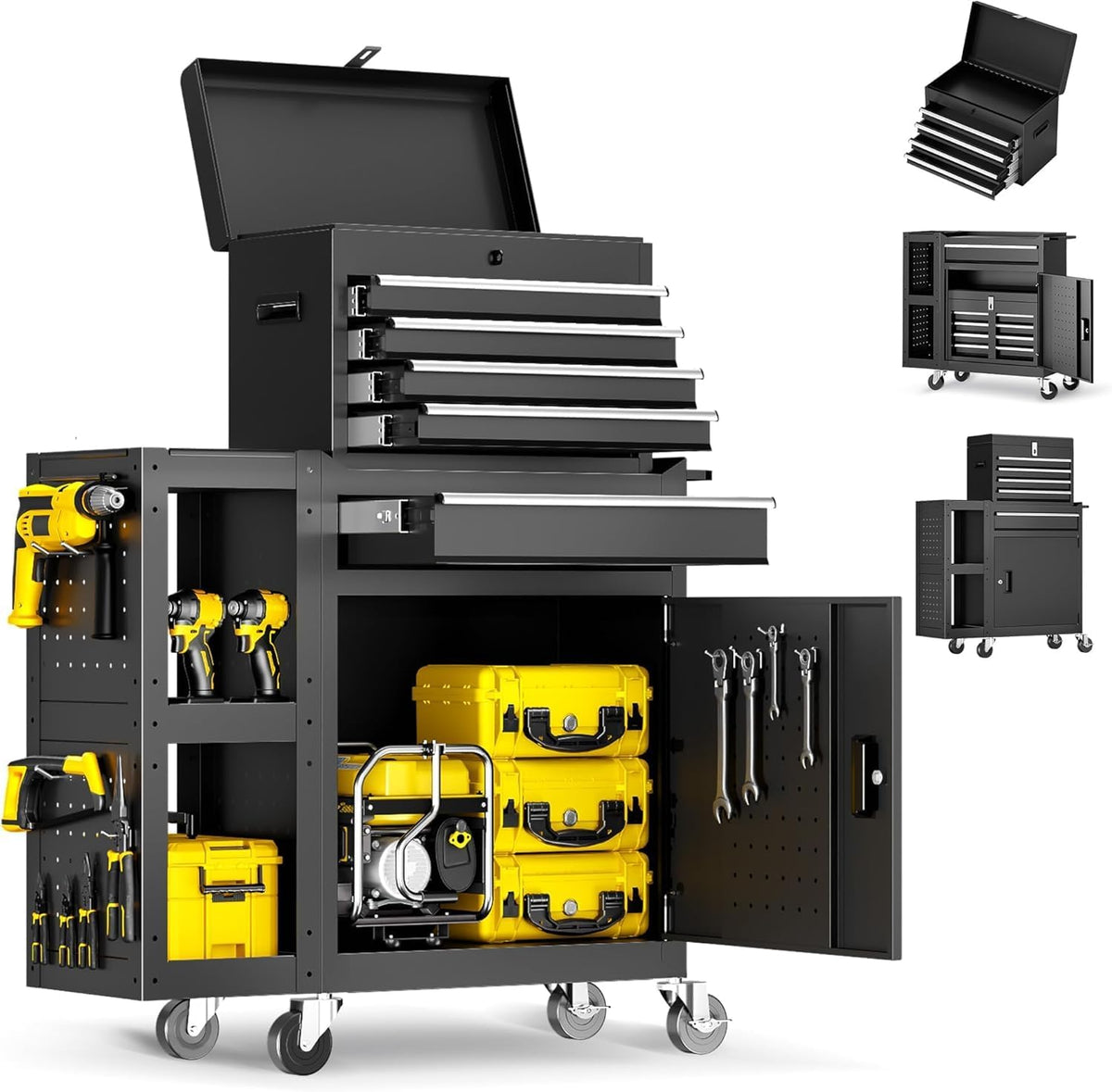 5-Drawers Rolling Tool Chest with Wheels, 3-in-1 Exclusive Tool Box Combo with Removable 2-Tire Utility Cart, 30% Extra Storage Rolling Tool Cabinet for Garage Workshop, 29”W x 11”D x 41”H