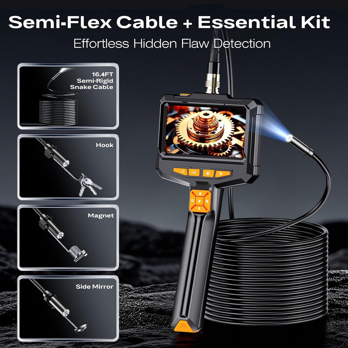 endoscope camera with light, handheld borescope, 4.3" ips on a desk or shelf