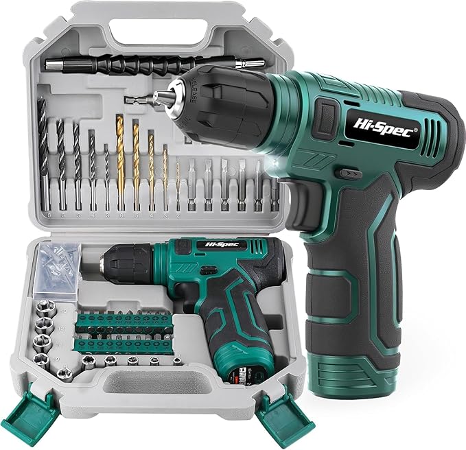 Hi-Spec 110pc Green 8V USB Electric Power Cordless Drill Driver Set. Drill Bits