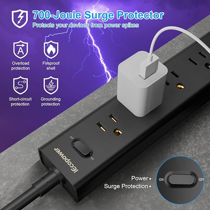 10FT Long Surge Protector Power Strip-with 5 Widely Outlets and 3 USB Ports (2 Pack)
