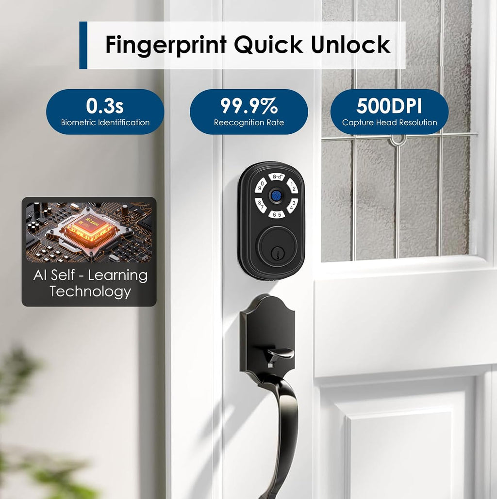 smart fingerprint door lock, keyless entry biometric deadbolt, close-up detail
