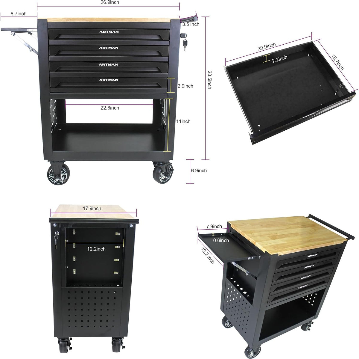 lockable 4-drawer rolling tool chest with wooden top, close-up detail