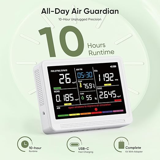 bonoch 16 in 1 Air Quality Monitor Indoor 10h-Battery & 5.5" Display 9 AQI+7