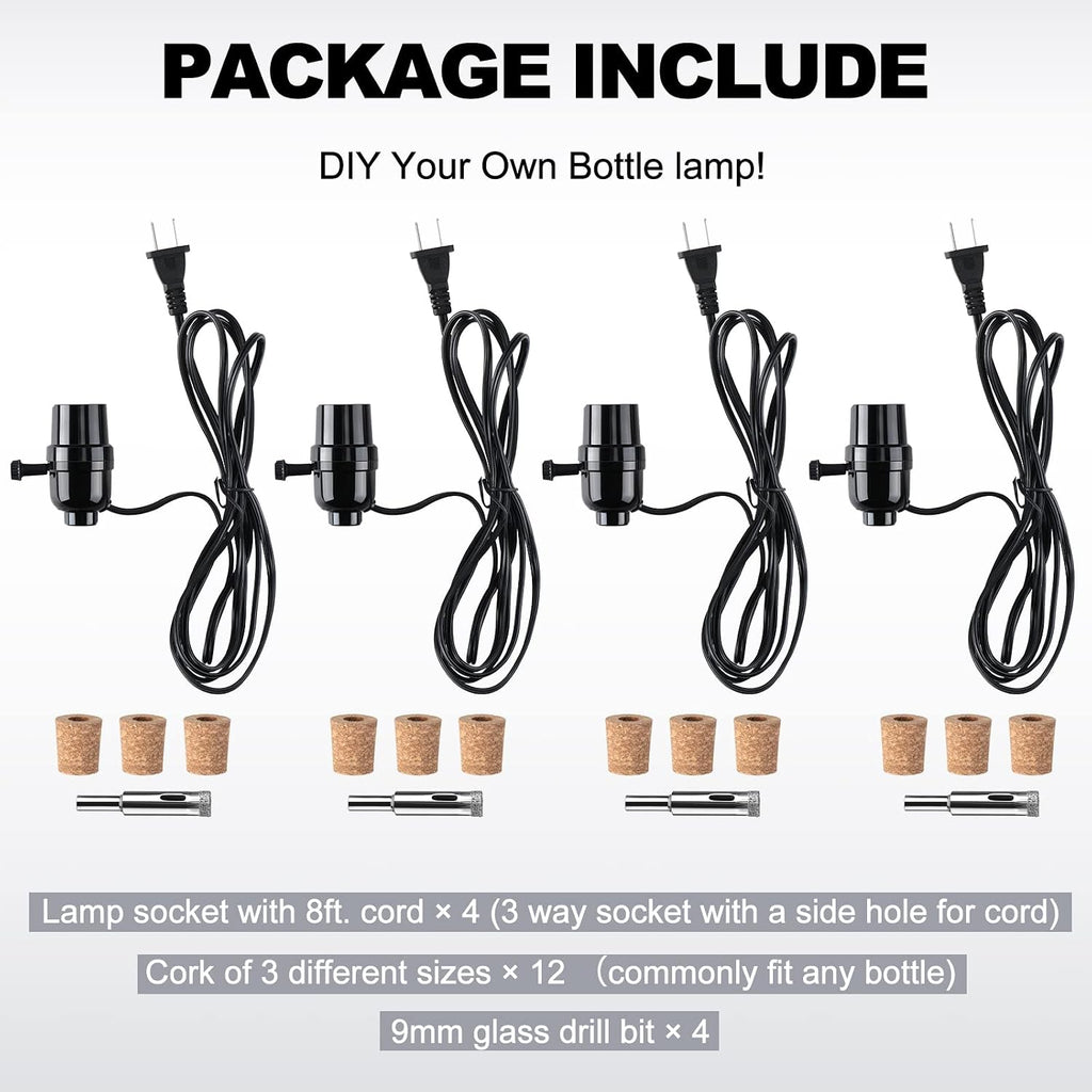 Fabbay 4 Sets Bottle Lamp Kit for Liquor Bottle Includes Stopper in 3 Sizes, 9 mm Glass Drill Bit, Slip on Socket, 8 Feet Power Cord for DIY Wine Bourbon Beer Glass Bottles Lamp No Drilling Required