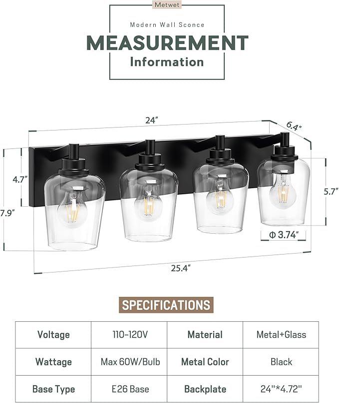 METWET Bathroom Light Fixtures, 4-Light Modern Vanity Light