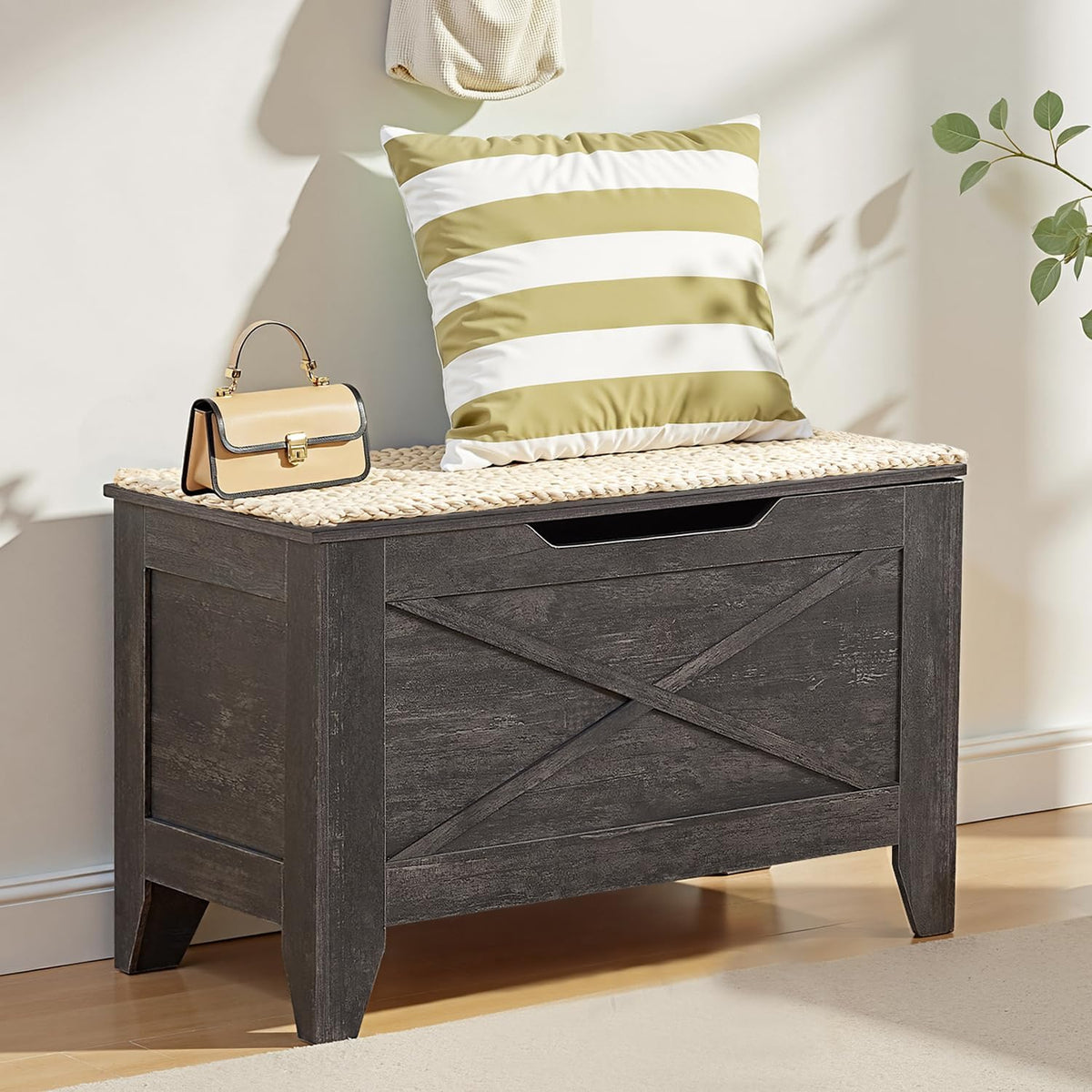 vecelo 30" storage bench, shoe bench with handwoven, close-up detail