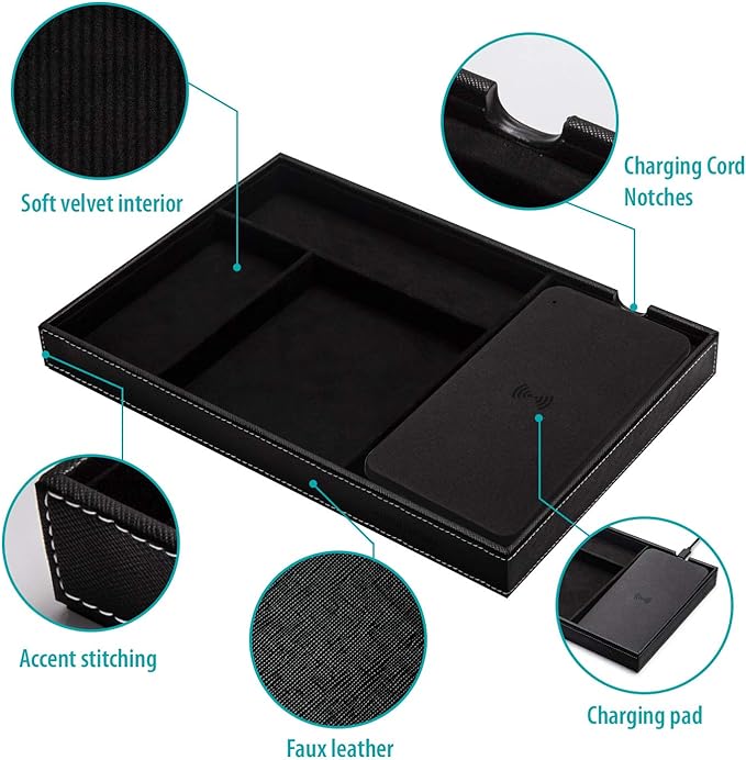 Valet Tray, Built in Wireless Charging Pad, Nightstand Organizer, Dresser