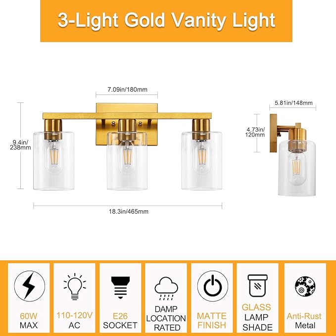 SOPEAS Gold 3-Light Bathroom Vanity Light, Modern Brushed Gold Vanity Lights