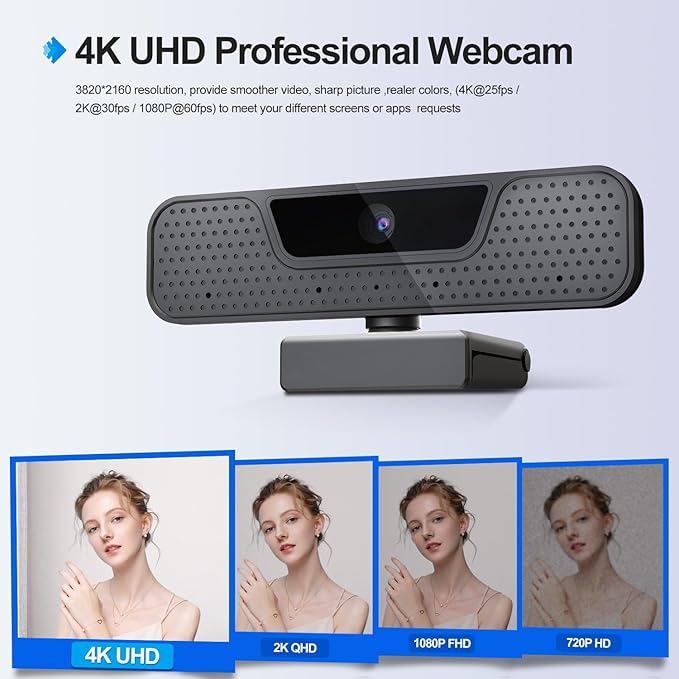 4K Auto Focus Webcam for PC, 4 AI Noise-Canceling Mics UHD Web cam, Auto Light