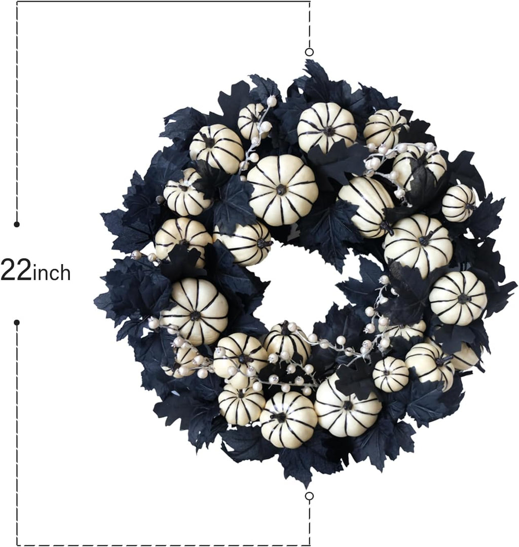 22inch Halloween Wreath Black Maple Leaf Wreaths White Pumpkin Wreath Holiday Decoration Party Party Celebration Wreaths Front Door Back Door Hallway Patio Decoration（White）