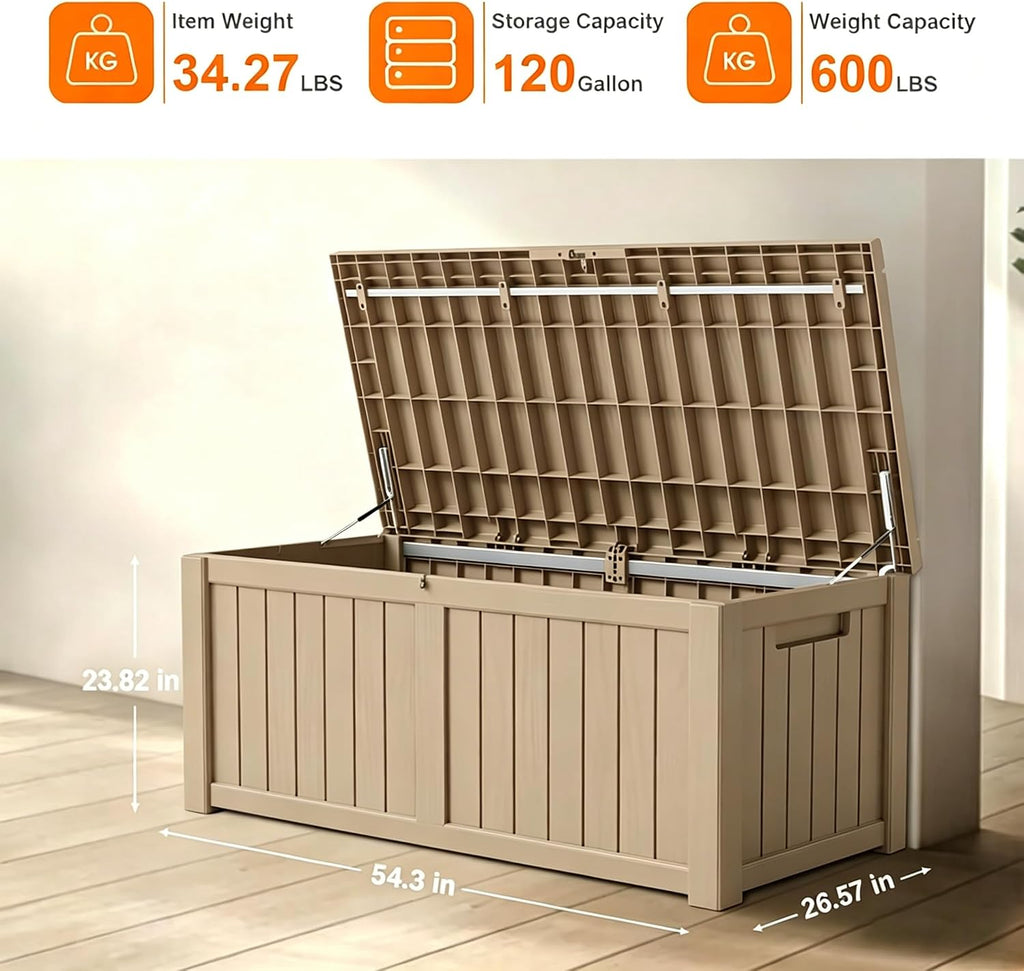 drato 120 gallon large deck box, outdoor storage shown in use
